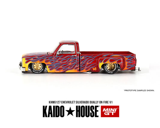 Kaido House x Mini GT 1:64 Chevrolet Silverado Dually on Fire V1 – Red with Flames  IN STOCK