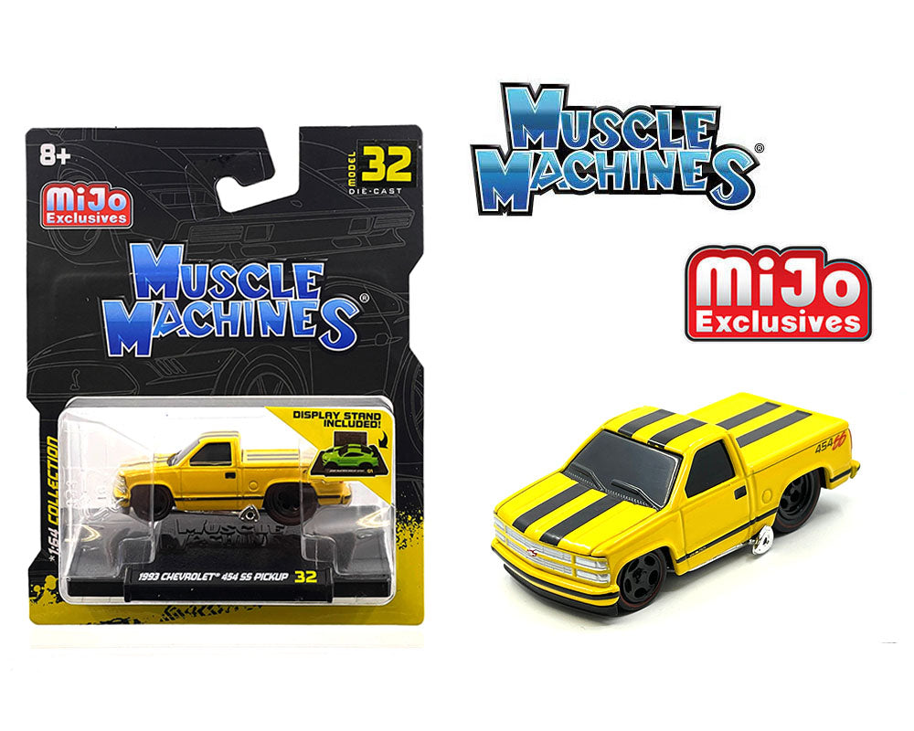 Muscle Machines 1:64 1993 Chevrolet 454 SS Pickup Truck Limited Edition – Yellow with Black Stripes – Mijo Exclusives