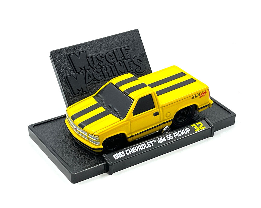 Muscle Machines 1:64 1993 Chevrolet 454 SS Pickup Truck Limited Edition – Yellow with Black Stripes – Mijo Exclusives