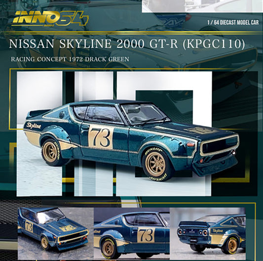 INNO64 1/64 NISSAN SKYLINE 2000 GT-R KPGC110 GREEN DIECAST REPLICA IN STOCK