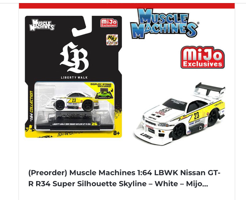 Muscle Machines 1:64 LBWK Nissan GT-R R34 Super Silhouette Skyline – White – Mijo Exclusives