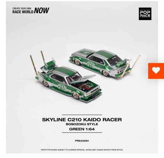 PREORDER POPRACE 1/64 Skyline C210 Kaido Racer (Bosozoku Style) - Silver/Green PR640061 (Approx. Release Date: Q2 2024