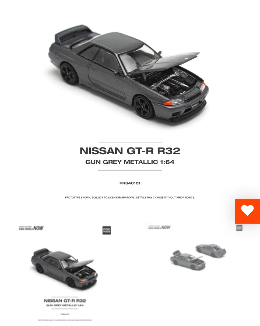 PREORDER POPRACE 1/64 Nissan Skyline GT-R R32 - Gun Grey Metallic PR640101 (Approx. Release Date: Q2 2024