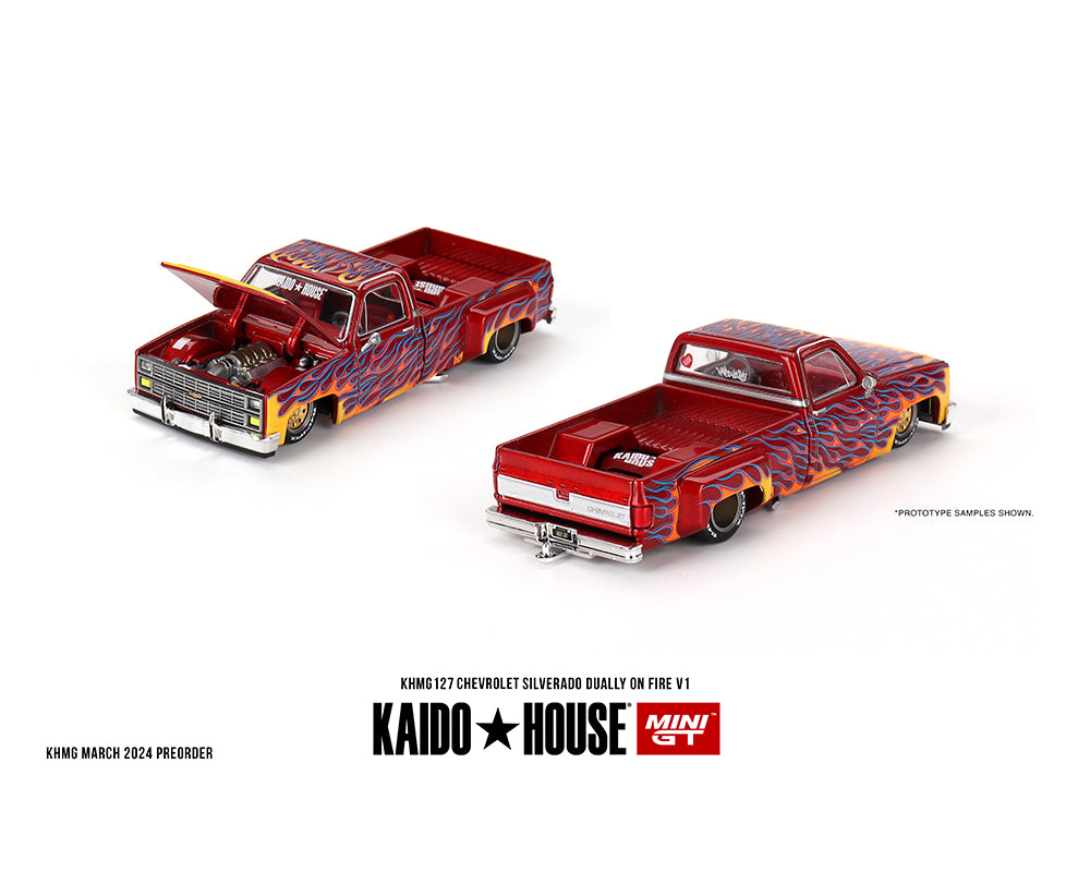 Kaido House x Mini GT 1:64 Chevrolet Silverado Dually on Fire V1 – Red with Flames  IN STOCK