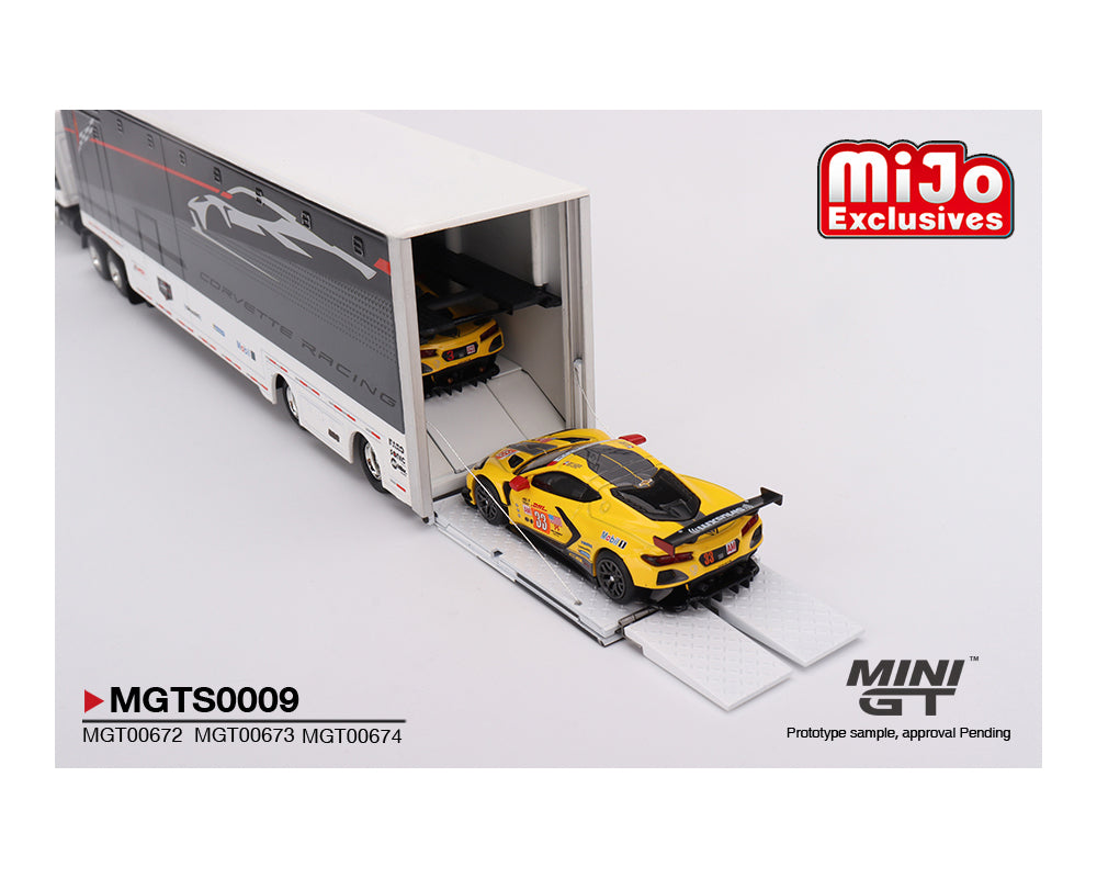 MINI GT CORVETTE RACING C8.R HAULER SET INCLUDES 2 VETTES AND HAULER ALL DIECAST INCLUDING TRAILER