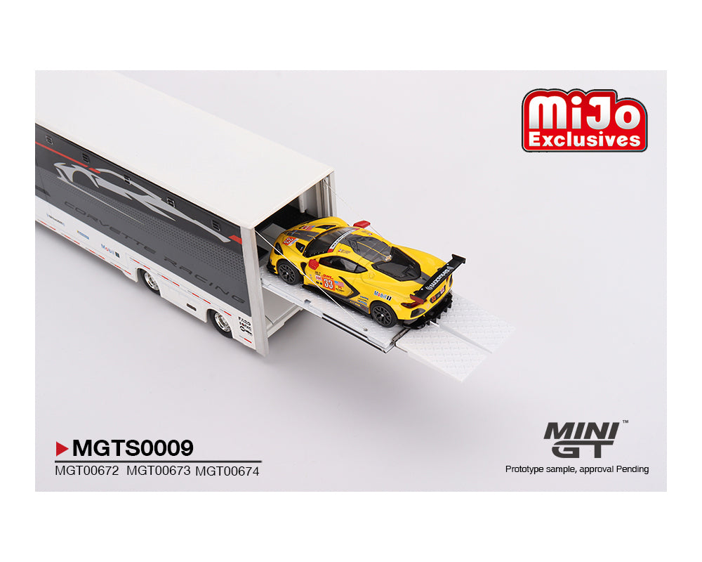 MINI GT CORVETTE RACING C8.R HAULER SET INCLUDES 2 VETTES AND HAULER ALL DIECAST INCLUDING TRAILER