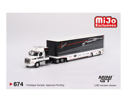 MINI GT CORVETTE RACING C8.R HAULER SET INCLUDES 2 VETTES AND HAULER ALL DIECAST INCLUDING TRAILER